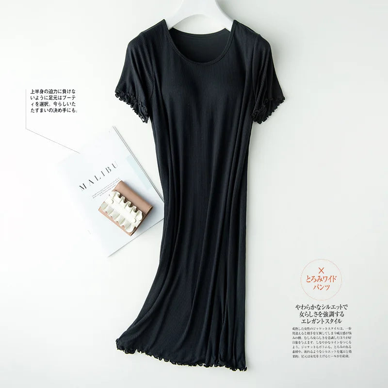 Threaded night skirt with chest pad short-sleeved long skirt half-sleeved loose thin section large size home dress femal