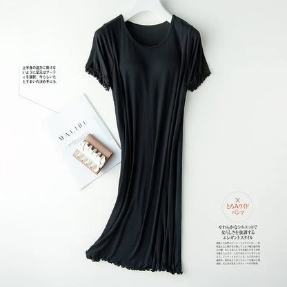 Threaded night skirt with chest pad short-sleeved long skirt half-sleeved loose thin section large size home dress femal