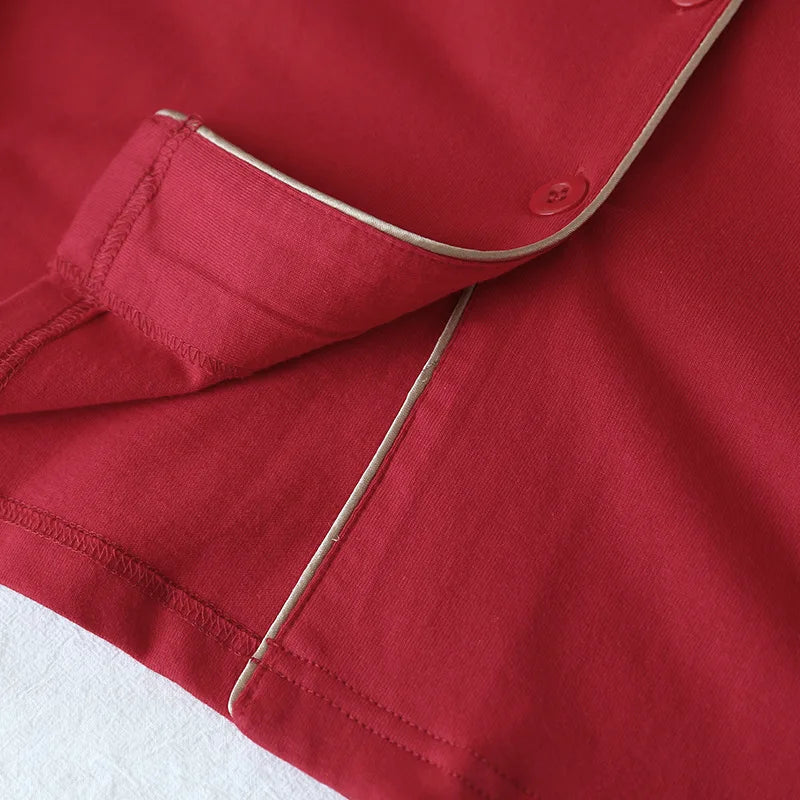 New spring and autumn couple knit pajamas, long-sleeved trousers, two-piece 100% cotton red men's and women's home service suit