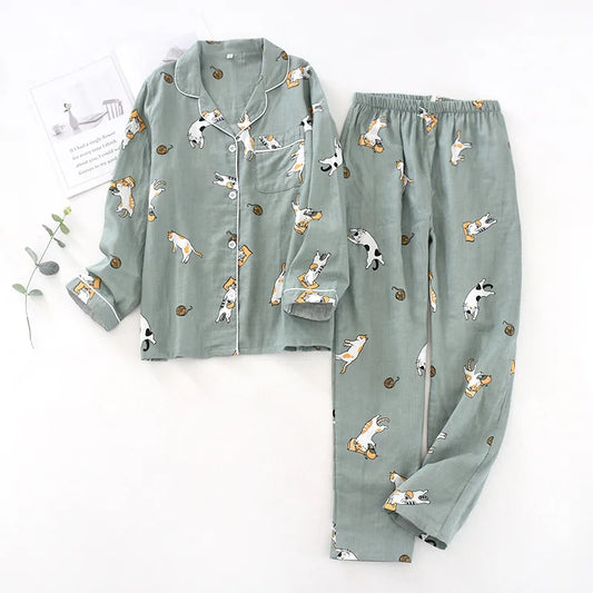 Japanese spring and autumn couples cotton gauze pajamas suit men's cotton four seasons long-sleeved trousers home service women