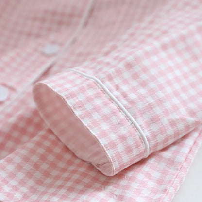 Japanese new couple pajamas, long-sleeved trousers, two-piece 100% cotton gauze simple plaid home service suit for men and women