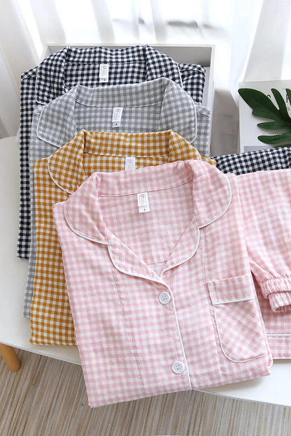 Japanese new couple pajamas, long-sleeved trousers, two-piece 100% cotton gauze simple plaid home service suit for men and women