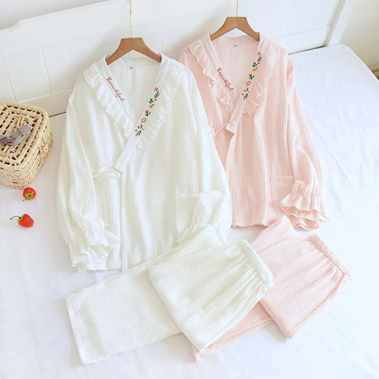 Japanese Kimono Suit New Ladies Spring And Autumn Pajamas Long-sleeved Trousers 100% Cotton Crepe Home Service Two-piece Suit