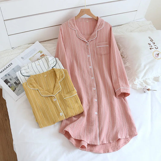 2025 new spring and summer women's 100% cotton long-sleeved Nightgowns home simple plus size striped home Sleepshirts long dress
