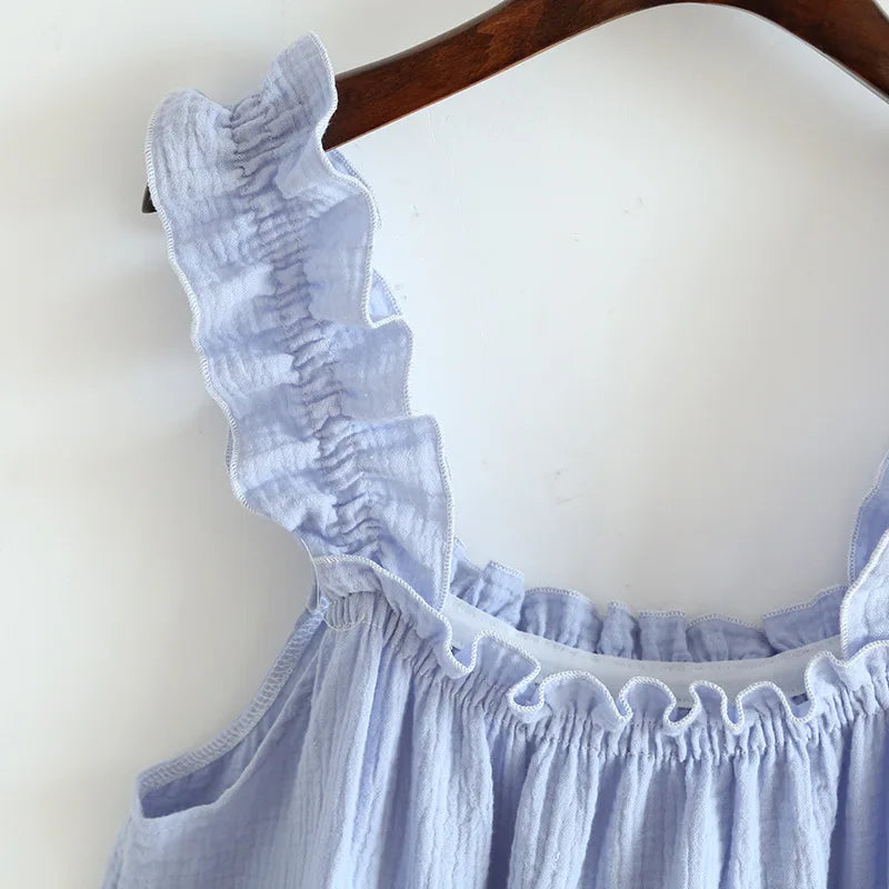 2025 Summer New Style Nightdress Ladies 100% Cotton Crepe Thin Vest Suspender Skirt Loose Long Skirt Sweet And Cute Home Skirt