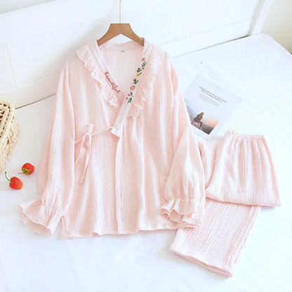 Japanese Kimono Suit New Ladies Spring And Autumn Pajamas Long-sleeved Trousers 100% Cotton Crepe Home Service Two-piece Suit