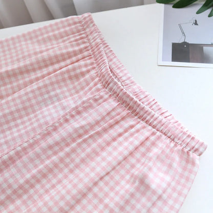 Japanese new couple pajamas, long-sleeved trousers, two-piece 100% cotton gauze simple plaid home service suit for men and women