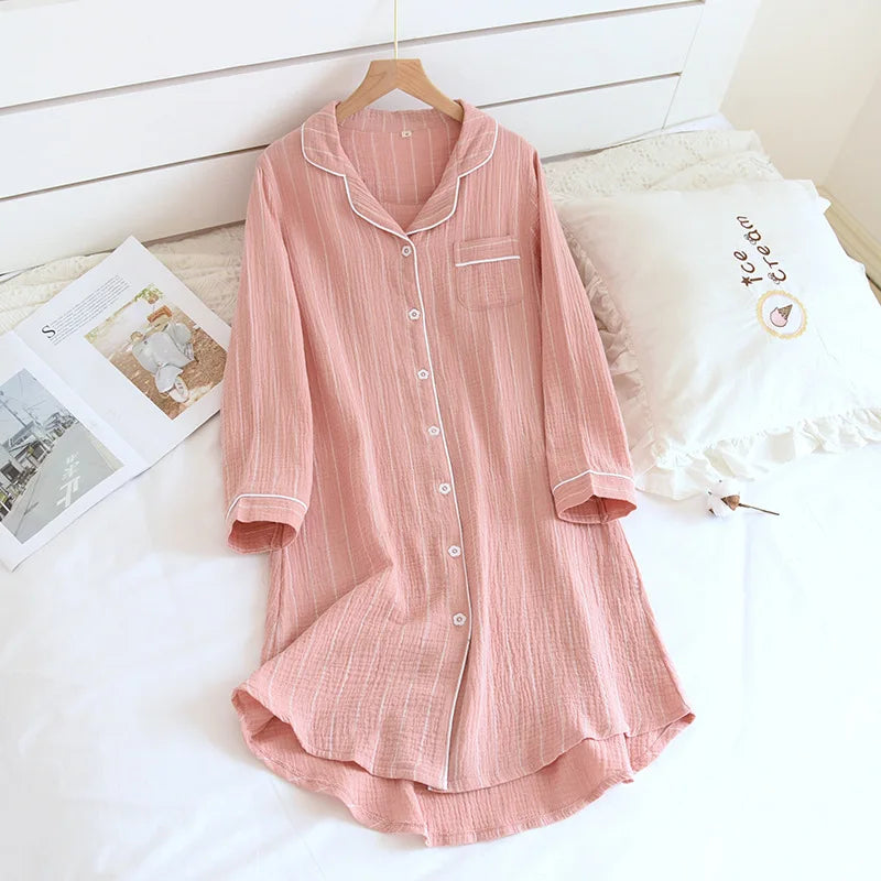 2025 new spring and summer women's 100% cotton long-sleeved Nightgowns home simple plus size striped home Sleepshirts long dress