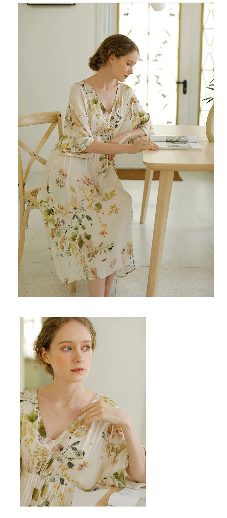 New spring and summer ladies nightdress viscose fiber V-neck elegant rose print satin long dress home skirt plus size sexy women