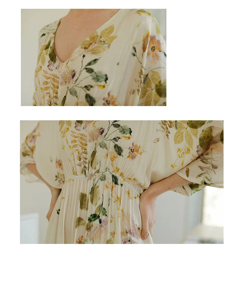 New spring and summer ladies nightdress viscose fiber V-neck elegant rose print satin long dress home skirt plus size sexy women