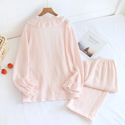 Japanese Kimono Suit New Ladies Spring And Autumn Pajamas Long-sleeved Trousers 100% Cotton Crepe Home Service Two-piece Suit