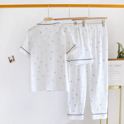 2025 New Summer Women's Pajama Set 100% Cotton Crepe Short Sleeves+Shorts+Pants Three Piece Casual Ladies Homewear Sleepwear