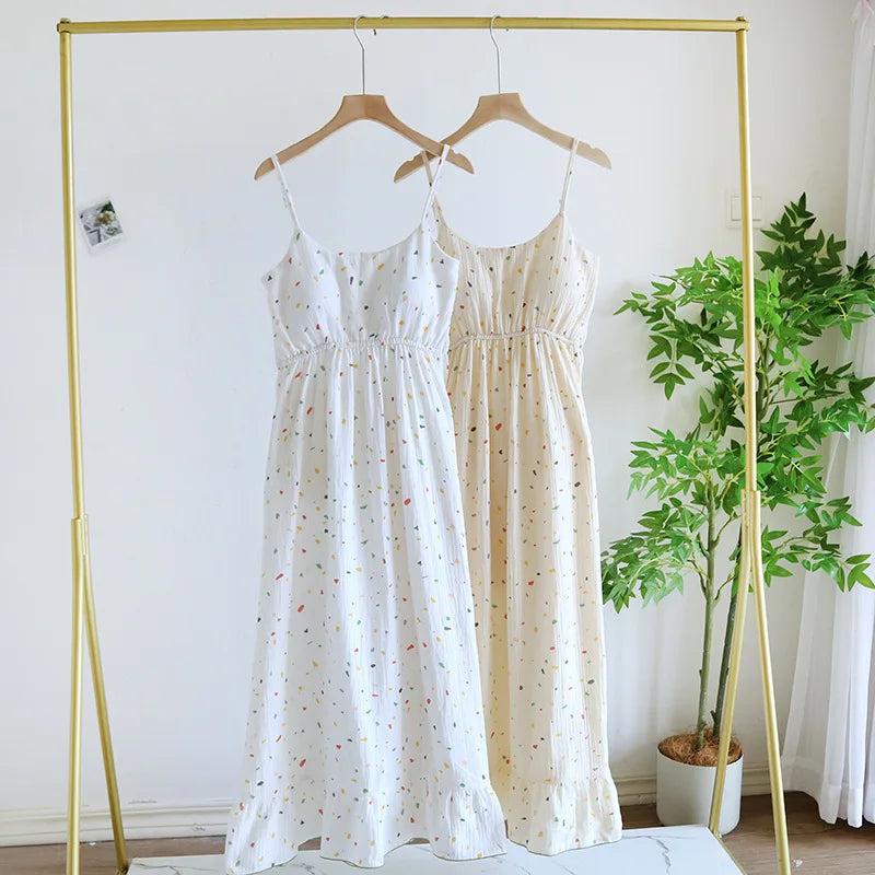 2025 New Summer Women's Sleeping Skirt 100% Cotton Crepe with Chest Cushion Suspender Dress Cute Thin Home Dress Summer Dress