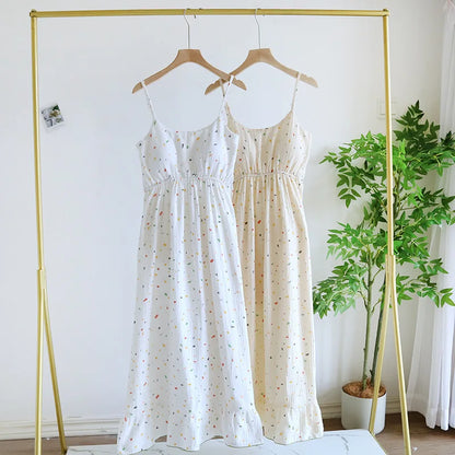 2025 New Summer Women's Sleeping Skirt 100% Cotton Crepe with Chest Cushion Suspender Dress Cute Thin Home Dress Summer Dress