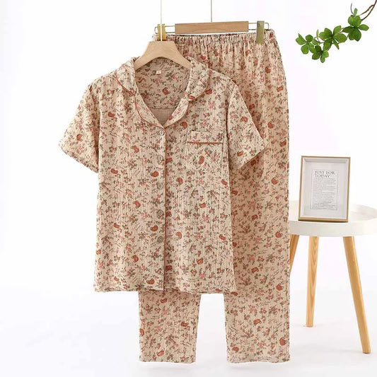 2025 Spring/Summer Women's New Pajama Set 100% Cotton Crepe Short Sleeves+Pants Flip Collar Vintage Flower Simple Homewear