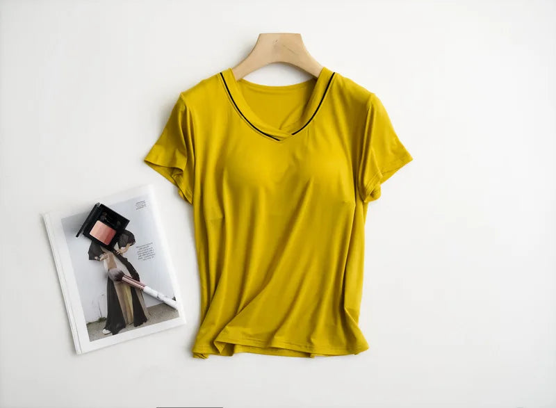 2025 summer new women's pajamas 3-piece Modal large simple pajamas with bra short sleeves+shorts+trousers casual home wear