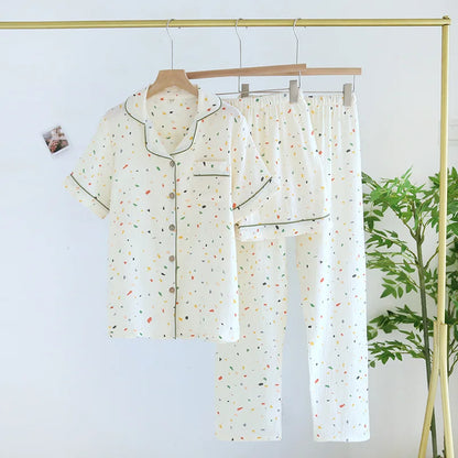 2025 Spring/Summer New Women's Pajamas Three Piece Set 100% Pure Cotton Crepe Thin Short Sleeves+Shorts+Long Pants Home Fury