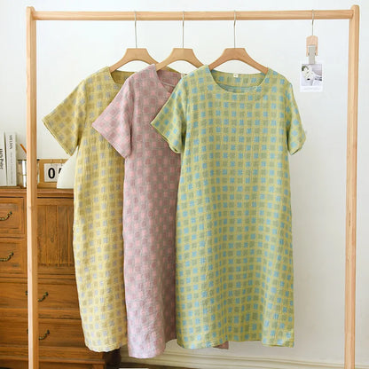 2025 New Summer Short Sleeve Sleeping Skirt 100% Cotton Yarn Weaving Jacquard Loose Pullover Mid length Plaid Skirt Home Dress