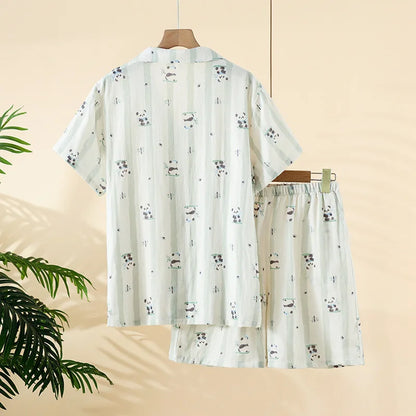 2025 Summer New Women's Pajama Set 100% Cotton Gauze Short Sleeve Shorts Two Piece Set Thin cardigan Home Clothes sleepwear
