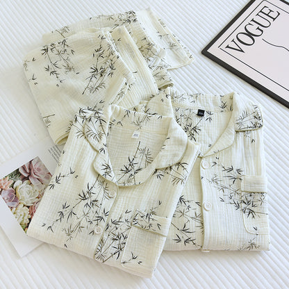 2025 New Spring and Autumn Couple Pajama Set 100% Cotton Crepe Fresh Long sleeved Pants for Men and Women Large Homewear Set