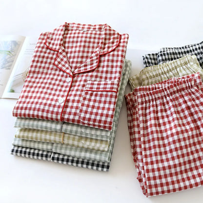 2025 Spring/Summer Couple Pajama Set 100% Cotton Double Layer Gauze Men's and Women's Japanese Plaid Set Long sleeved Home Fury