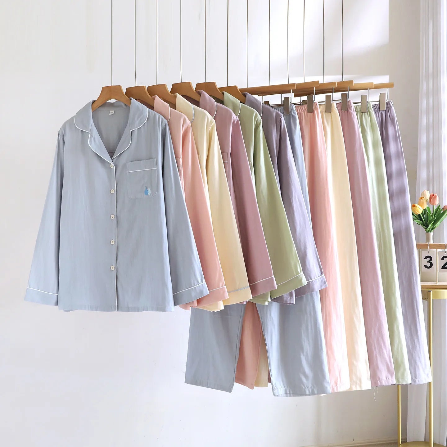 2025 New Spring and Autumn Women's Pajama Set 100% Cotton Simple Long Sleeve Long Pants Two Piece Set Cardigan Home Clothes