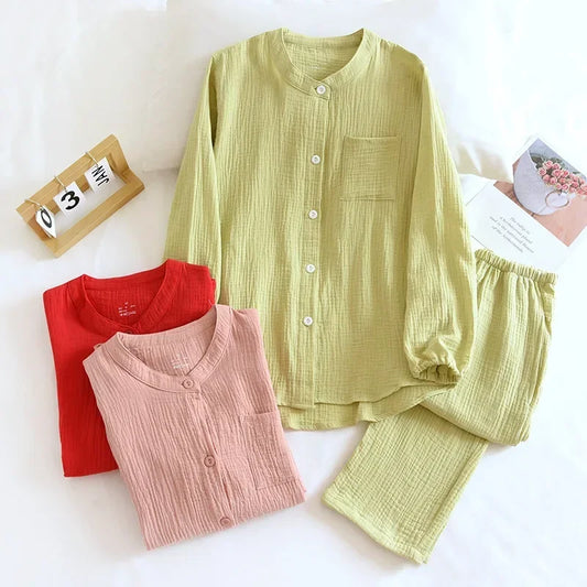 2025 New Spring and Autumn Couple Pajama Set 100%Cotton Crepe Fabric Men's and Women's Long Sleeve Pants Home Suit Two Piece Set