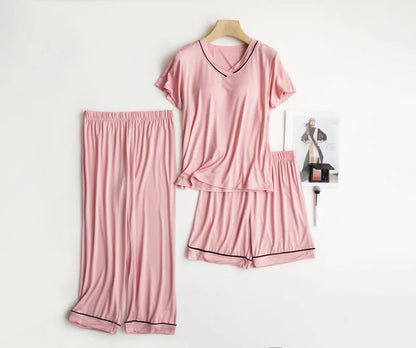 2025 summer new women's pajamas 3-piece Modal large simple pajamas with bra short sleeves+shorts+trousers casual home wear