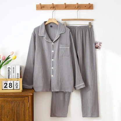 New Spring and Autumn Couple Pajamas Set 100%Cotton Crepe Long Sleeve Pants Two Piece Men's and Women's Large Size Home Garments