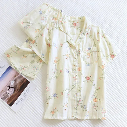 2025 Japanese style simple short women female 100% cotton gauze short sleeve trousers ladies pajamas suit cute pajamas sets home