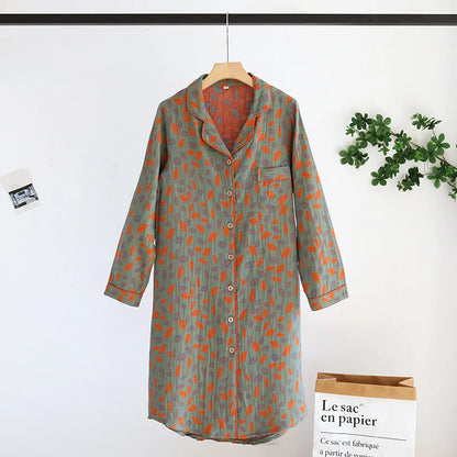 New Spring and Summer Women's Nightdress 100% Cotton Leaf Flower Long Sleeve Dress Large Home Dress Retro Long Sleeve Dress