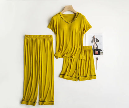 2025 summer new women's pajamas 3-piece Modal large simple pajamas with bra short sleeves+shorts+trousers casual home wear