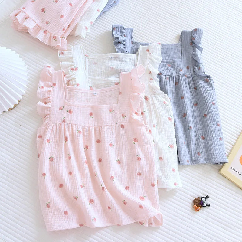 Pure desire for ins in summer, flounce shorts, cotton suspenders, pajamas, women's summer home clothes, two-piece suit, summer