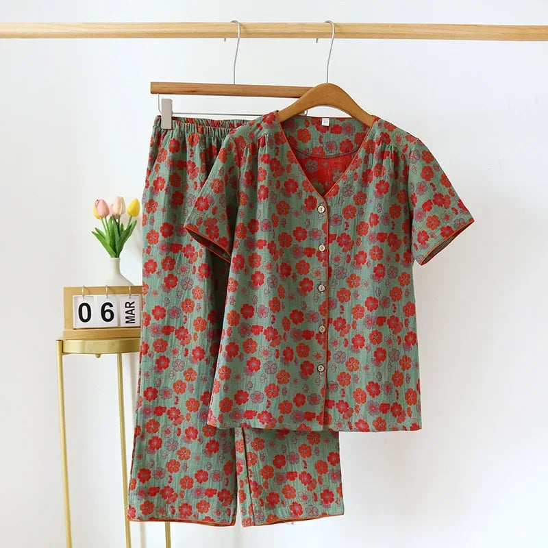 2025 Spring/Summer New Women's Pajama Set 100% Cotton Short Sleeve+Capris Two Piece Set for Large Flower Thin Home Furnishing