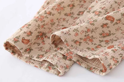 2025 Spring/Summer Women's New Pajama Set 100% Cotton Crepe Short Sleeves+Pants Flip Collar Vintage Flower Simple Homewear
