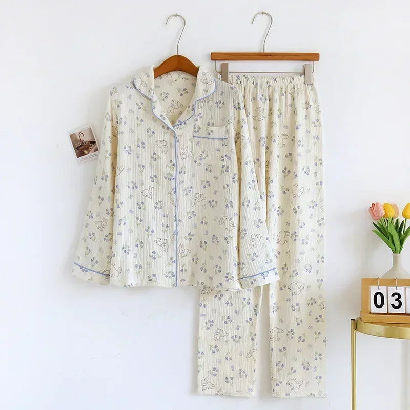 New large size pajamas women cotton crepe home service cotton long sleeve trousers suit simple and comfortable summer and autumn