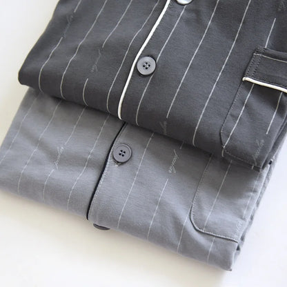 Spring and autumn new men's pajamas long-sleeved trousers suit 100% cotton knitted striped plus size home clothes two-piece set