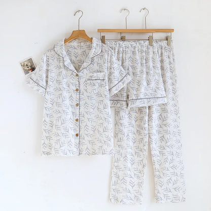2025 New Spring/Summer Women's Pajama Set 100% Cotton Crepe Short Sleeve+Shorts+Pants 3-Piece Thin cardigan Home Clothes Ladies