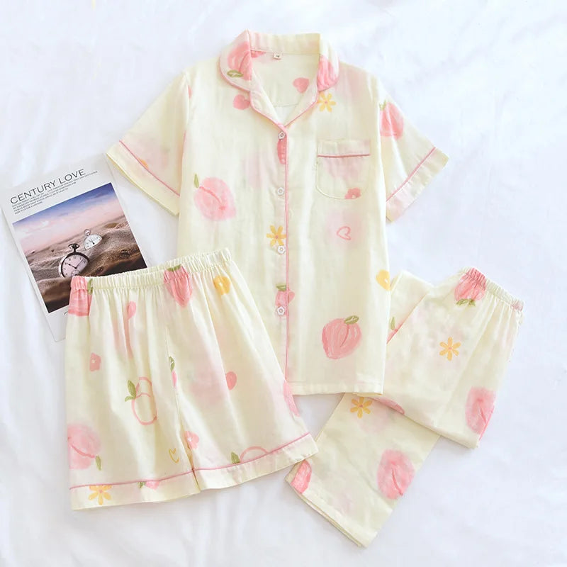 New spring and summer women's pajamas three-piece set short sleeves + shorts + trousers 100%cotton gauze love print homewear set