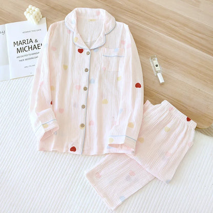 2025 New Spring/Summer Women's Pajama Set 100% Cotton Crepe Cute Love Long Sleeve Long Pants Two Piece Set Cardigan Home Clothes