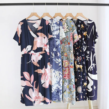 Summer New Ladies V-neck Nightdress 100% Viscose Short Sleeve Home Dress Floral Comfort Large Size Dress Thin Section women
