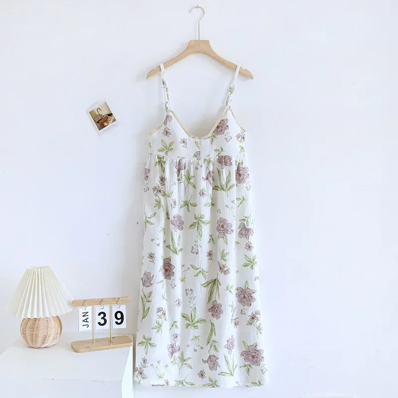 2025 New Summer Women's Sleeping Skirt 100% Cotton Crepe with Chest Cushion Suspender Dress Cute Thin Home Dress Summer Dress