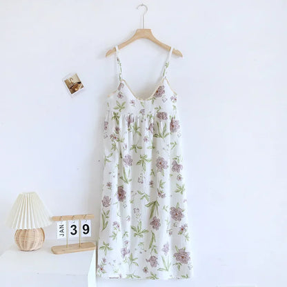 2025 New Summer Women's Sleeping Skirt 100% Cotton Crepe with Chest Cushion Suspender Dress Cute Thin Home Dress Summer Dress