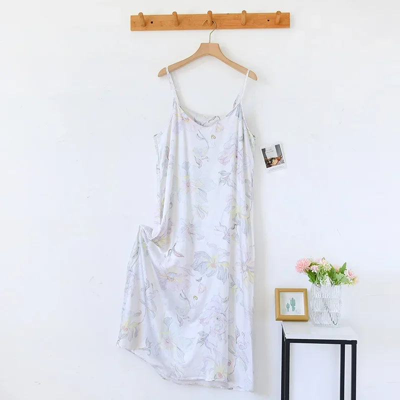 2025 Spring/Summer New Women's Sling Skirt 100% Viscose Fiber Sleeping Skirt Printed Sleeping Skirt Sexy Home Dress for Ladies