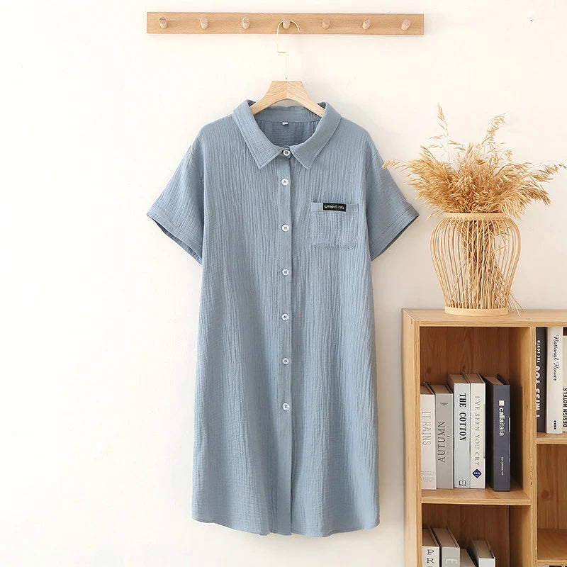 2025 New Summer Sleeping Dress 100% Cotton Crepe Short Sleeve Skirt Shirt Dress Women's Button Long Dress Home Casual Dress