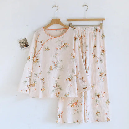 2025 Spring and Autumn New Women's Cartoon Pajama Set 100% Cotton Crepe Chinese Long Sleeve Long Pants Two Piece Set Ladies