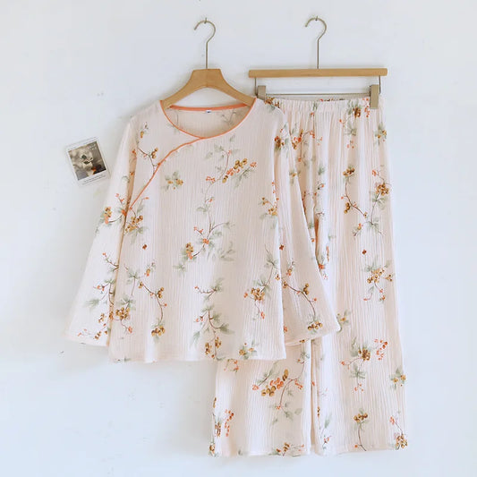 2025 Spring and Autumn New Women's Cartoon Pajama Set 100% Cotton Crepe Chinese Long Sleeve Long Pants Two Piece Set Ladies