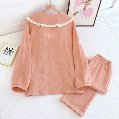 2025 new women's pajama suit 100% cotton crepe sweet lovely long-sleeved trousers two-piece home wear thin sleepwear women