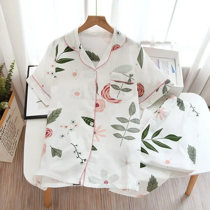 2025 Japanese style simple short women female 100% cotton gauze short sleeve trousers ladies pajamas suit cute pajamas sets home
