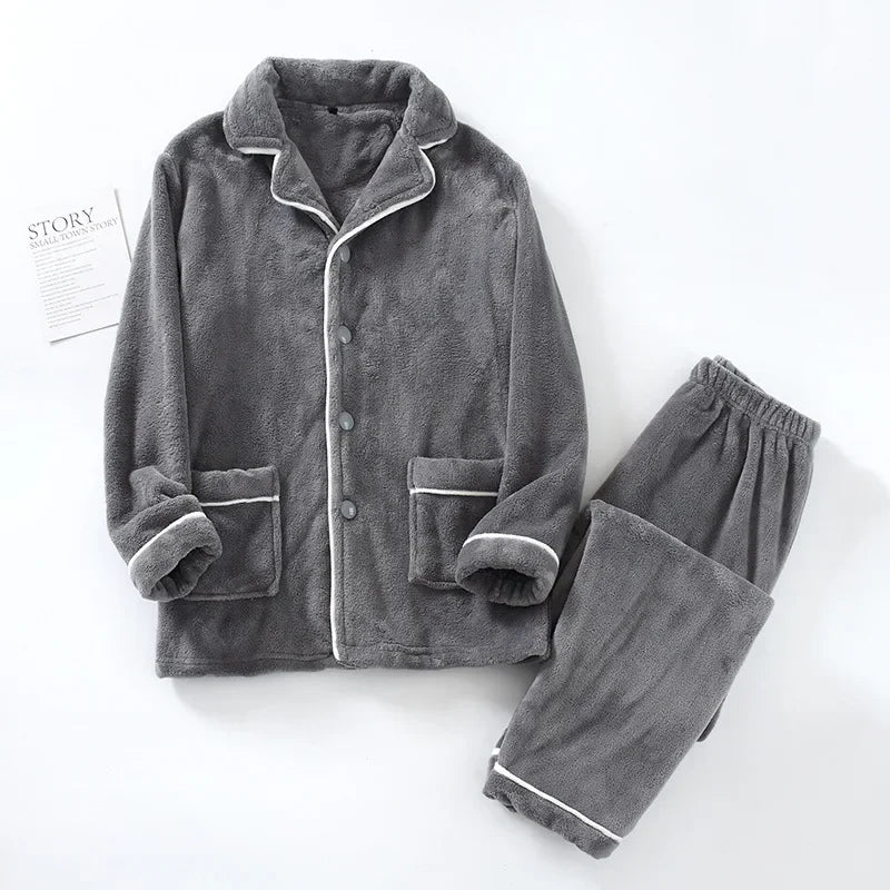 Autumn And Winter New Men's Pajamas Long-sleeved Trousers Two-piece Flannel Thickened Warm Home Service Set Plaid Large Size Men